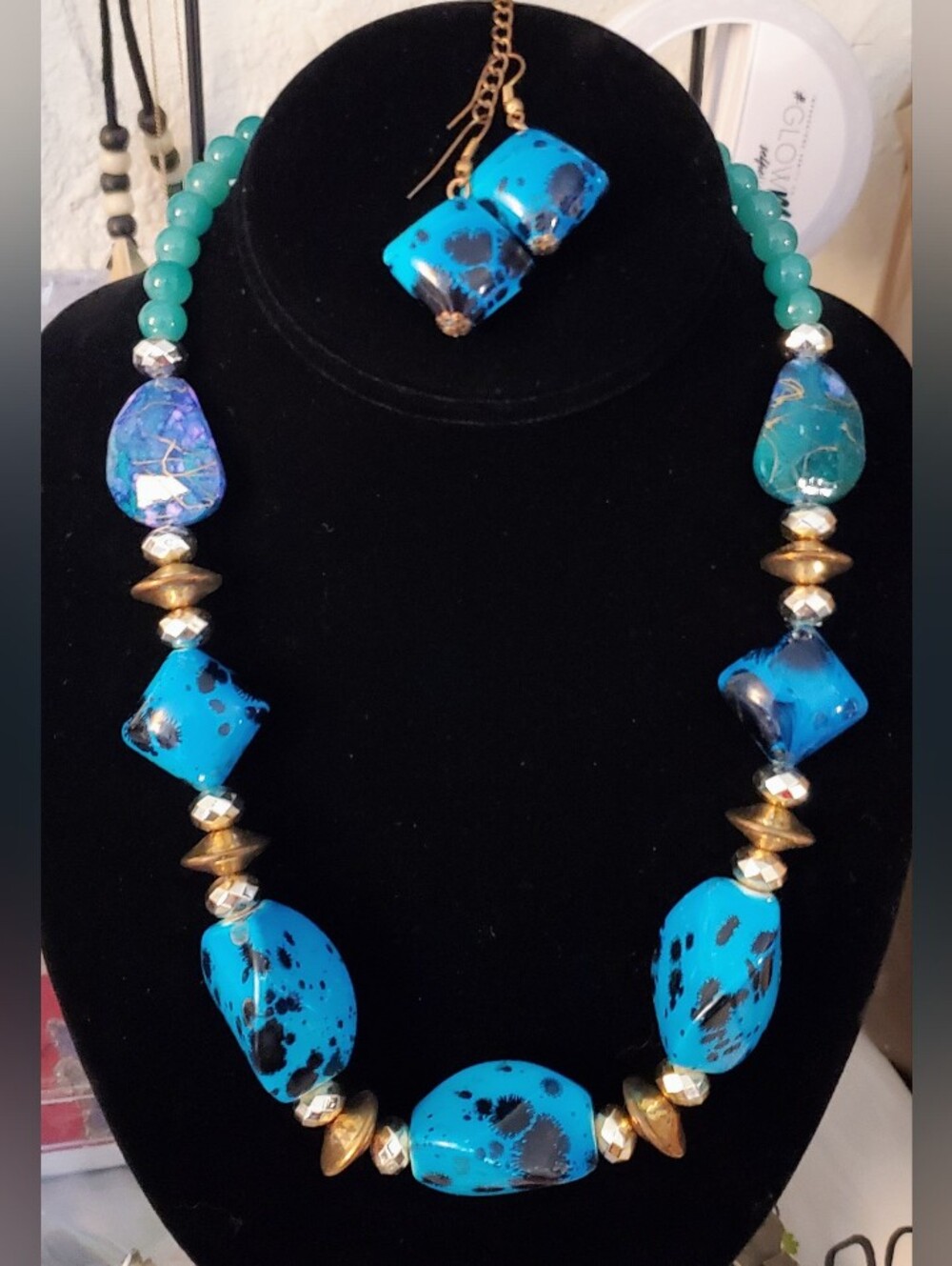 Turquoise-Simulated Blue Statement Bead Necklace & Earrings Set